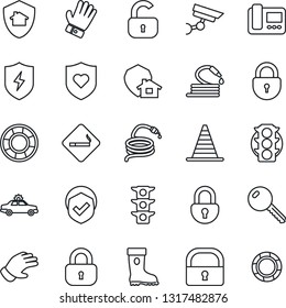 Thin Line Icon Set - smoking place vector, alarm car, border cone, lock, glove, boot, hose, heart shield, traffic light, protect, key, intercome, home, surveillance, crisis management