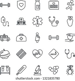 Thin Line Icon Set - smoking place vector, heart pulse, doctor case, stethoscope, blood test vial, dropper, thermometer, microscope, pills, blister, ampoule, ambulance star, car, barbell, run, hand