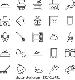 Thin Line Icon Set - smoking place vector, reception bell, mobile phone, rake, lawn mower, lady bug, sickle, axe, broken bone, film frame, microphone, themes, stamp, mountains, children room