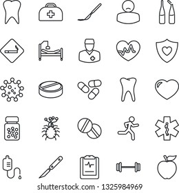 Thin Line Icon Set - smoking place vector, heart pulse, doctor case, dropper, pills, bottle, ampoule, scalpel, ambulance star, barbell, run, shield, hospital bed, tooth, clipboard, patient, virus