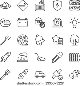 Thin Line Icon Set - smoking place vector, reception, factory, farm fork, fence, tree, lawn mower, satellite, reel, favorites list, protect, bell, pencil, children room, estate insurance, serviette