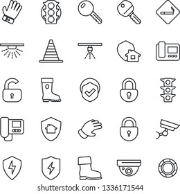 Thin Line Icon Set - smoking place vector, border cone, lock, glove, boot, traffic light, shield, protect, key, intercome, home, surveillance, sprinkler, crisis management