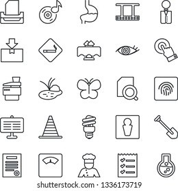 Thin Line Icon Set - smoking place vector, male, border cone, job, butterfly, pond, scales, stomach, eye, package, film frame, touch screen, fingerprint id, music, presentation board, checklist