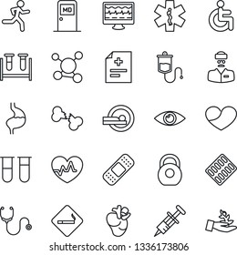 Thin Line Icon Set - smoking place vector, medical room, heart pulse, monitor, diagnosis, stethoscope, syringe, blood test vial, dropper, pills blister, patch, tomography, ambulance star, run, real