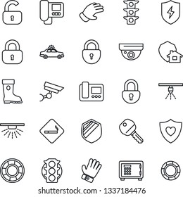 Thin Line Icon Set - smoking place vector, alarm car, safe, lock, glove, boot, heart shield, traffic light, protect, key, intercome, home, surveillance, sprinkler, crisis management