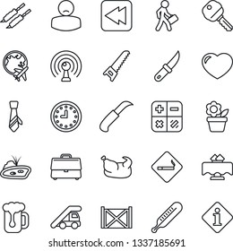 Thin Line Icon Set - smoking place vector, ladder car, plane globe, calculator, flower in pot, saw, garden knife, thermometer, patient, clock, container, antenna, heart, rewind, case, tie, manager