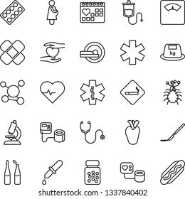 Thin Line Icon Set - smoking place vector, heart pulse, stethoscope, blood pressure, dropper, microscope, scales, pills bottle, blister, ampoule, scalpel, patch, tomography, ambulance star, hand