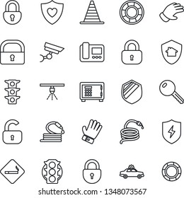 Thin Line Icon Set - smoking place vector, alarm car, border cone, safe, lock, glove, hose, heart shield, traffic light, protect, key, intercome, home, surveillance, sprinkler, crisis management