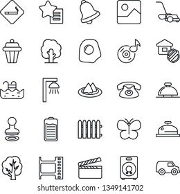 Thin Line Icon Set - smoking place vector, reception bell, stamp, fence, tree, lawn mower, butterfly, clapboard, film frame, speaker, favorites list, battery, gallery, music, pool, phone, serviette