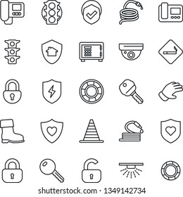 Thin Line Icon Set - smoking place vector, border cone, safe, glove, boot, hose, heart shield, traffic light, protect, lock, key, intercome, home, surveillance, sprinkler, crisis management