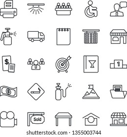 Thin Line Icon Set - smoking place vector, shop, flight table, team, notepad, meeting, printer, garden sprayer, disabled, car delivery, warehouse storage, video camera, speaker, document folder
