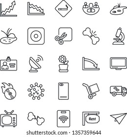 Thin Line Icon Set - smoking place vector, identity card, pond, microscope, broken bone, virus, cargo, satellite antenna, flame disk, monitor, rec button, phone back, cut, company, rent, moving, tv