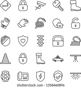 Thin Line Icon Set - smoking place vector, alarm car, border cone, lock, glove, boot, hose, heart shield, traffic light, protect, key, intercome, home, surveillance, sprinkler