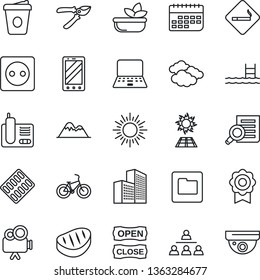 Thin Line Icon Set - smoking place vector, sun, clouds, mobile phone, document search, notebook pc, coffee, pruner, pills blister, bike, term, video camera, radio, folder, sertificate, hierarchy