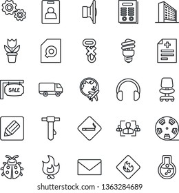 Thin Line Icon Set - smoking place vector, plane globe, mail, office building, chair, tie, flower in pot, lady bug, fire, diagnosis, car delivery, no hook, flammable, reel, speaker, headphones, hr