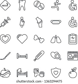Thin Line Icon Set - smoking place vector, heart, syringe, blood pressure, thermometer, diagnostic, pills, scalpel, run, shield, hospital bed, disabled, lungs, caries, joint, broken bone, diet
