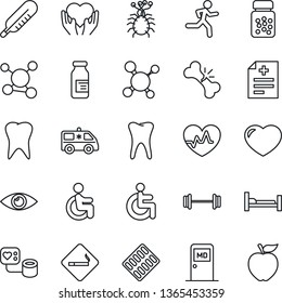 Thin Line Icon Set - smoking place vector, medical room, heart pulse, diagnosis, molecule, blood pressure, thermometer, pills bottle, blister, ampoule, ambulance car, barbell, run, hospital bed, eye