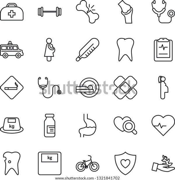 Thin Line Icon Set - smoking place vector, heart\
pulse, doctor case, stethoscope, thermometer, diagnostic, scales,\
ampoule, patch, tomography, ambulance car, barbell, bike, shield,\
stomach, tooth