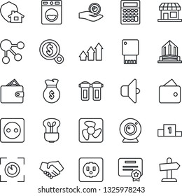 Thin Line Icon Set - socket vector, fan, web camera, water filter, washer, bulb, sound, eye scan, home protect, usb flash, arrow up graph, handshake, wallet, money bag, search, investment, pedestal
