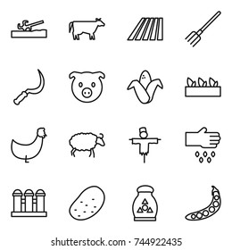 thin line icon set : soil cutter, cow, field, fork, sickle, pig, corn, seedling, chicken, sheep, scarecrow, sow, grain elevator, potato, fertilizer, peas
