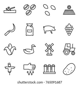 Thin line icon set : soil cutter, coffee seeds, field, sickle, flour, pig, grape, corn, goose, windmill, tractor, scarecrow, sow, grain elevator, potato