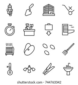 thin line icon set : spark plug, construction, office, do not trolley sign, stopwatch, inspector, baggage get, hotel, radiator, beans, seeds, fork, thermometer, hard reach place cleaning, clothespin