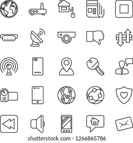 Thin Line Icon Set - speaking man vector, heart shield, navigation, earth, satellite antenna, news, video camera, network, cell phone, finger down, stop button, rewind, mobile, back, data exchange