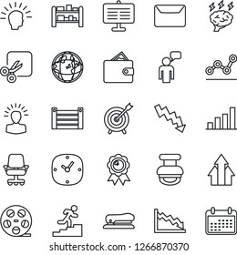 Thin Line Icon Set - speaking man vector, medal, crisis graph, brainstorm, container, rack, reel, clock, cut, presentation board, bar, point, stamp, career ladder, stapler, mail, target, arrow up