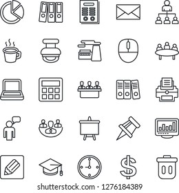 Thin Line Icon Set - speaking man vector, mail, hierarchy, dollar sign, graduate, mouse, presentation board, meeting, factory, calculator, notes, coffee, company, clock, monitor statistics, printer