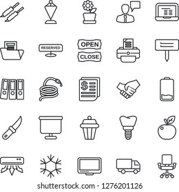 Thin Line Icon Set - speaking man vector, pennant, notebook pc, printer, hose, garden knife, plant label, implant, car delivery, receipt, monitor, low battery, presentation board, document folder