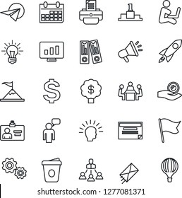 Thin Line Icon Set - speaking man vector, identity card, dollar sign, office binder, coffee, calendar, statistic monitor, printer, meeting, hierarchy, gear, shining head, motivation, rocket, idea