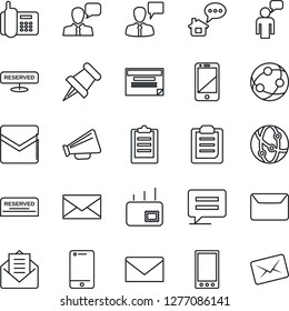 Thin Line Icon Set - speaking man vector, mail, office phone, loudspeaker, network, cell, speaker, paper pin, mobile, message, clipboard, reserved, home, schedule