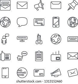Thin Line Icon Set - speaking man vector, mail, office phone, loudspeaker, network, cell, paper pin, message, clipboard, reserved, home, schedule