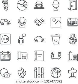 Thin Line Icon Set - speaking man vector, coffee, fire, car delivery, term, no hook, route, settings, microphone, radio phone, gallery, copybook, pie graph, handshake, egg stand, cafe building, door