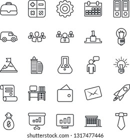 Thin Line Icon Set - speaking man vector, gear, calculator, team, office binder, desk, bulb, calendar, statistic monitor, contract, building, group, motivation, rocket, wallet, money bag, idea, case