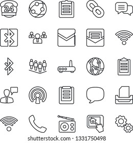 Thin Line Icon Set - speaking man vector, team, 24 hours, clipboard, radio, network, dialog, chain, call, message, mail, wireless, bluetooth, paper tray, router, home control app, gear