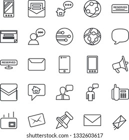 Thin Line Icon Set - speaking man vector, mail, office phone, loudspeaker, network, cell, speaker, paper pin, mobile, message, reserved, home, schedule