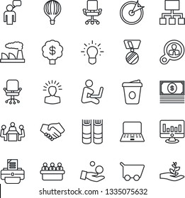 Thin Line Icon Set - speaking man vector, office chair, book, medal, notebook pc, coffee, meeting, factory, statistic monitor, printer, target, consumer search, shining head, handshake, investment