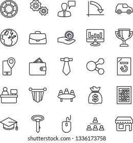 Thin Line Icon Set - speaking man vector, case, pennant, graduate, abacus, mouse, money bag, crisis graph, meeting, manager place, statistic monitor, document reload, mobile tracking, hierarchy, car
