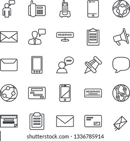 Thin Line Icon Set - speaking man vector, mail, office phone, loudspeaker, network, cell, speaker, paper pin, mobile, message, clipboard, reserved, schedule