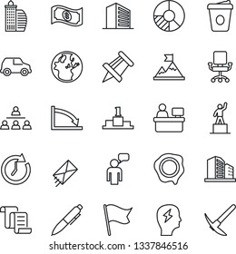 Thin Line Icon Set - speaking man vector, contract, office building, pedestal, pen, coffee, brainstorm, drawing pin, manager place, circle chart, stamp, hierarchy, motivation, clock, earth, crisis