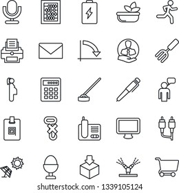 Thin Line Icon Set - speaking man vector, mail, abacus, crisis graph, garden fork, hoe, run, pregnancy, client, no hook, package, microphone, monitor, radio phone, rca, identity card, printer, pen