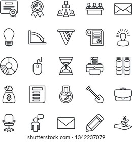 Thin Line Icon Set - speaking man vector, mail, office chair, book, medal, mouse, document, money bag, bulb, job, pencil, circle chart, printer, meeting, hierarchy, shining head, pennon, crisis