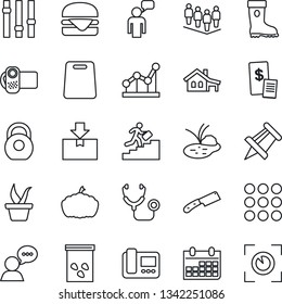 Thin Line Icon Set - speaking man vector, team, drawing pin, calendar, seedling, boot, pumpkin, seeds, pond, stethoscope, package, heavy, settings, video camera, speaker, menu, point graph, knife