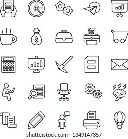Thin Line Icon Set - speaking man vector, gear, contract, mail, document search, coffee, brainstorm, pencil, circle chart, printer, money bag, office chair, cart, case, calculator, paper plane