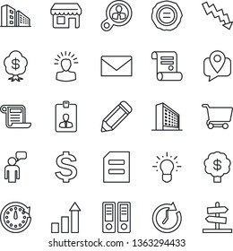 Thin Line Icon Set - speaking man vector, mail, office building, identity card, growth statistic, dollar sign, binder, document, crisis graph, pencil, stamp, contract, mobile tracking, shining head
