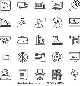 Thin Line Icon Set - speaking man vector, office building, case, binder, document, factory, stamp, cash, support, car delivery, fast forward, folder, monitor statistics, chair, target, web camera