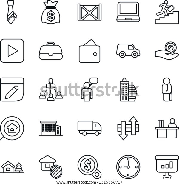 Thin Line Icon Set - speaking man vector, money bag,\
car delivery, container, laptop pc, play button, notes, data\
exchange, clock, manager desk, tie, hierarchy, career ladder, house\
with tree, case