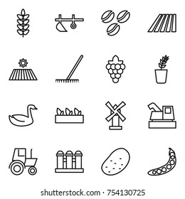 thin line icon set : spikelets, plow, coffee seeds, field, rake, grape, seedling, goose, windmill, harvester, tractor, grain elevator, potato, peas