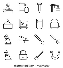 thin line icon set : spinner, scales weight, nail, loading, crane, safe, fridge, toaster, stands for knives, garlic clasp, big spoon, fork, knife holder, shovel, horseshoe